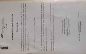 Convocatória  Assembleia-Geral Extraordinária  - Ponto único: Proceder à eleição dos corpos sociais para o quadriénio 2024-2027 22/09/2024